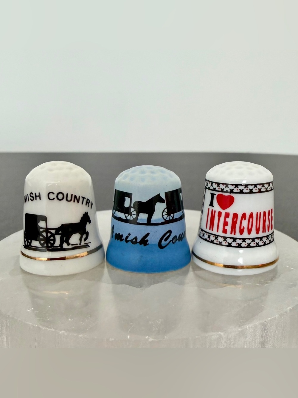Amish Country Souvenir Porcelain Thimbles - White & Blue